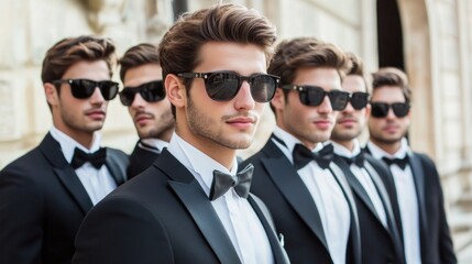 Elegant group of handsome young men in tuxedos wearing sunglasses posing together outdoors against historical architecture in soft evening light