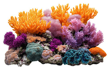 Vibrant coral reef showcasing an array of colorful corals, featuring orange, purple, and blue tones, perfect for marine life and underwater themes.