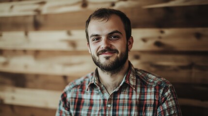 Obraz premium Smiling man with beard in plaid shirt against rustic wooden wall expressing positive emotions in a cozy indoor setting