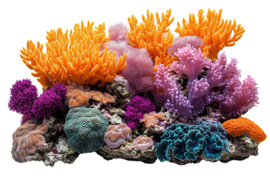 Vibrant coral reef showcasing an array of colorful corals, featuring orange, purple, and blue tones, perfect for marine life and underwater themes.