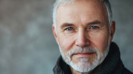 Portrait of a distinguished 60-year-old man with blue eyes and gray hair, wearing a dark sweater, set against a softly blurred neutral background.
