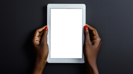 Close-up of a black woman with a red manicure holding a white tablet with an empty screen on a black background. Stylish tablet mockup. Presentation of the website