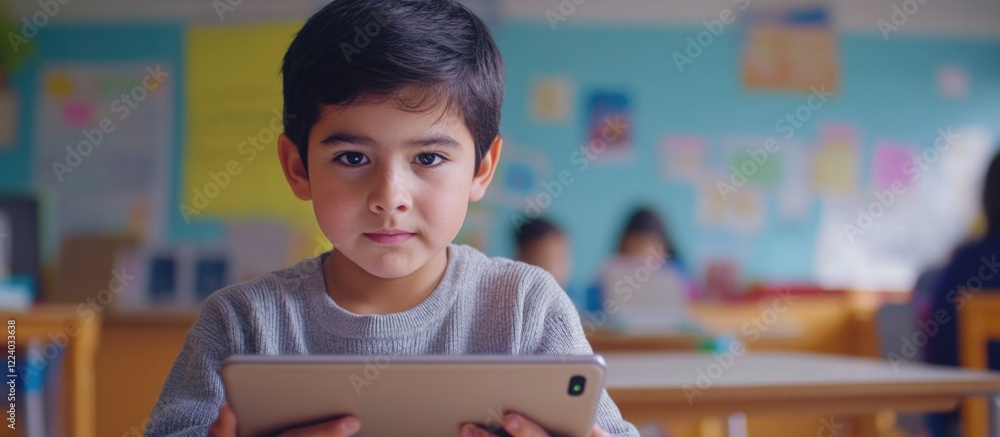 Aufkleber hispanic preschool boy focused on tablet in bright virtual classroom setting with colorful walls and
