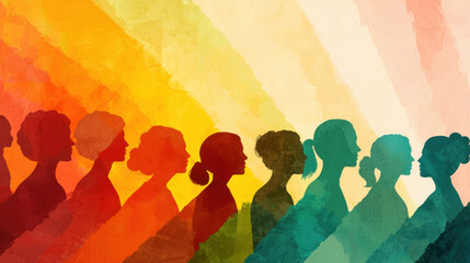 A vibrant silhouette of diverse women against a colorful gradient background, symbolizing unity and empowerment.