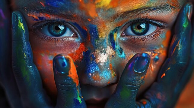 Colorful and Humorous Close-Up Portrait of Young Girl with Vibrant Face Paint and Hands Covered in Paintful Expression