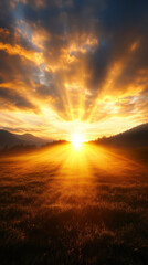 stunning sunset over meadow, with golden rays illuminating landscape