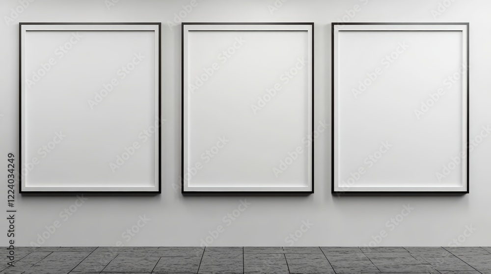 Aufkleber minimalistic art gallery display with empty frames hanging on a white wall, ideal for presenting art