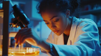 Young woman in a white lab coat carefully inputting data into a petri dish in a modern laboratory setting illuminated by blue light