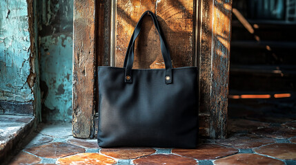 Stylish black tote bag mockup on rustic weathered wood door and floor