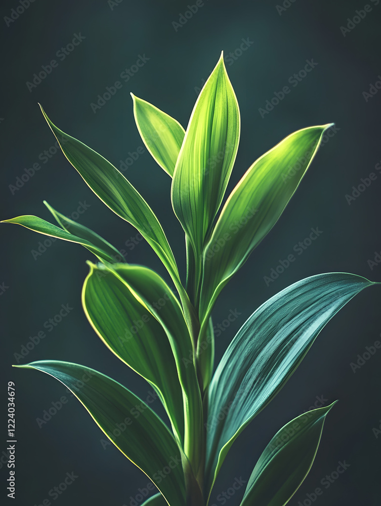 Poster close up of green leaves with soft light on dark background : generative ai