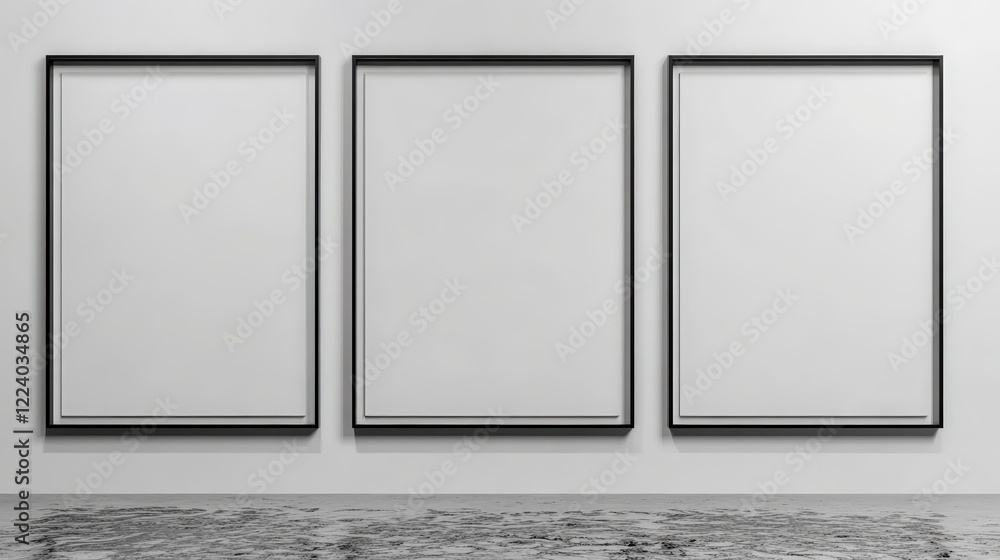 Poster minimalist display of three blank frames on a white wall in an art gallery setting, modern aesthetic
