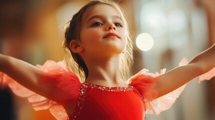 young girl ballet dancer in vibrant red costume gracefully stretching arms with joy in softly lit performance space