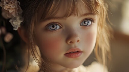 Fototapeta premium Charming close-up portrait of a young girl with long, delicate hair and enchanting blue eyes, adorned with floral accents in a softly lit setting.