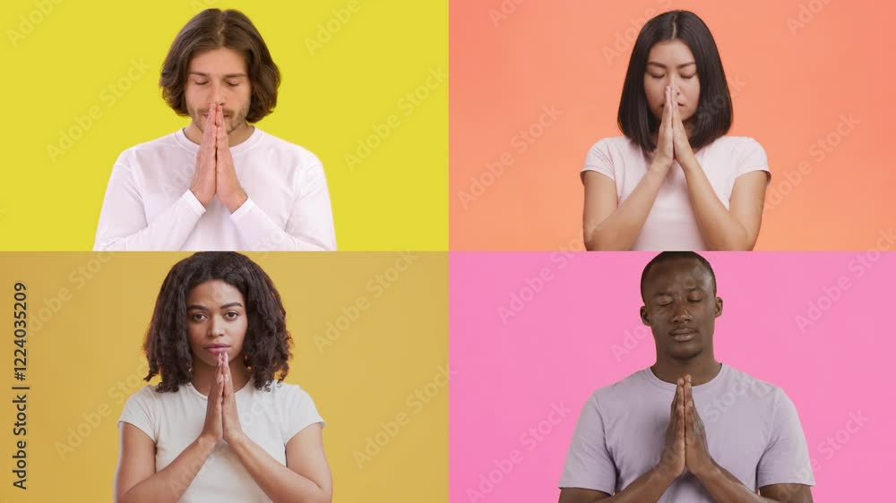 Poster four people of different backgrounds convey distinct emotions through gestures against colorful back