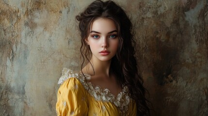 Fototapeta premium Brunette young woman with long wavy hair wearing a yellow Victorian blouse against a textured brown wall showcasing vintage elegance and soft lighting.