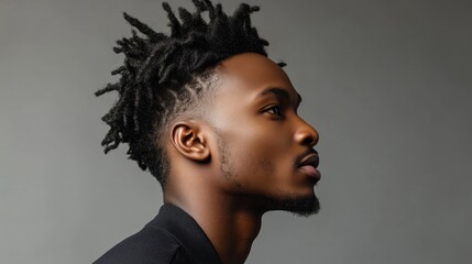 Obraz premium Handsome young Black man with textured hairstyle gazing thoughtfully to the side against a soft grey background, showcasing profile features.