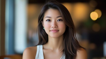 Fototapeta premium Asian woman with long dark hair and soft smile making eye contact, indoors with blurred warm light background, portrait shot, natural beauty.