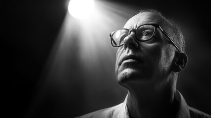 Low key portrait of a mature man with glasses gazing upwards towards a dramatic spotlight illuminating his face against a dark background.