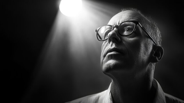 Low key portrait of a mature man with glasses gazing upwards towards a dramatic spotlight illuminating his face against a dark background.