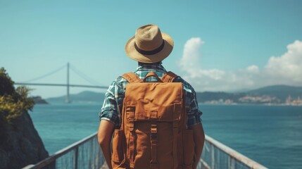 Obraz premium Traveling man in a straw hat and plaid shirt with a brown backpack overlooking the sea from a bridge on a sunny day in a coastal landscape.