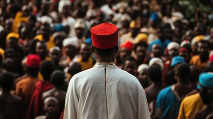 Traditional leader in white robe and red hat addressing a diverse crowd in vibrant attire, set in a lively outdoor environment.