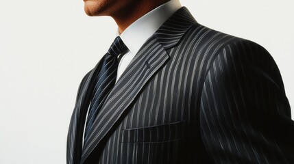 Elegant business man in tailored pinstripe suit with white shirt and navy tie, posing against a minimal white background in horizontal format.