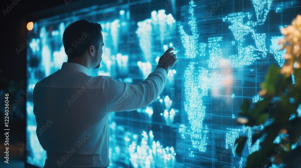 Poster professional male analyst engaging with glowing data visualization interface in urban office setting