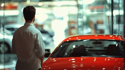 Naklejka premium Man examining a sleek red car in a modern car dealership showroom with bright lighting reflecting on glass surfaces.