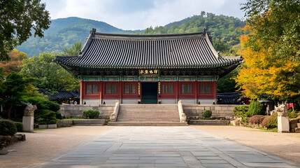 Fototapeta premium Traditional Korean Temple Amidst Autumn Colors Scenic Cultural Heritage Site : Generative AI