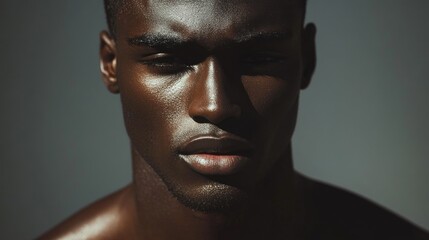 Close-up portrait of a confident young Black man with glowing skin showcasing male skincare routine against a dark grey background.