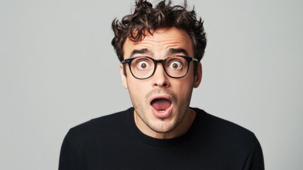 Obraz premium Surprised young adult man with curly hair and glasses expressing shock, isolated on soft gray background, conveying emotion and facial expression.