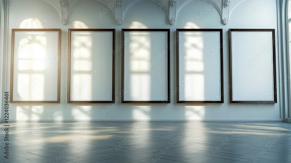Poster empty decorative frames in bright gallery space with soft light and elegant architecture ideal for a