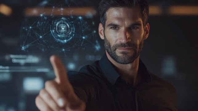 Confident man in dark shirt engaging with futuristic digital interface presenting business ideas and important information in a modern office setting