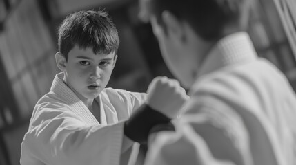 Two focused boys practicing sparring techniques in karate class, wearing white gis, captured in high contrast black and white, indoor dojo setting.