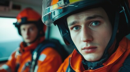 Young male paramedics in orange uniforms and helmets, seated in emergency vehicle, focused expressions, professional setting, high-stakes environment.