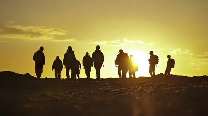 Fototapeta premium Engineer and construction team at work, silhouetted against a warm sunset, embodying teamwork and progress in industrial settings.