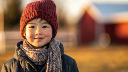 Cheerful young boy wearing a red stocking cap and textured scarf smiling outdoors on a sunny farm with a blurred red barn in the background.