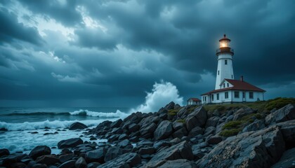Obraz premium Dramatic Lighthouse Amidst a Stormy Ocean