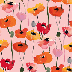 Cute  poppies in various shades brush strokes on a light pink background watercolor floral seamless pattern. Watercolor print in rustic vintage style, textile or wallpapers.