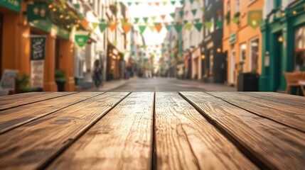 Wooden Tabletop Overlooking a Colorful Festival Street Scene with Bunting Decorations and Blurred Background Ideal for Lifestyle and Event Imagery