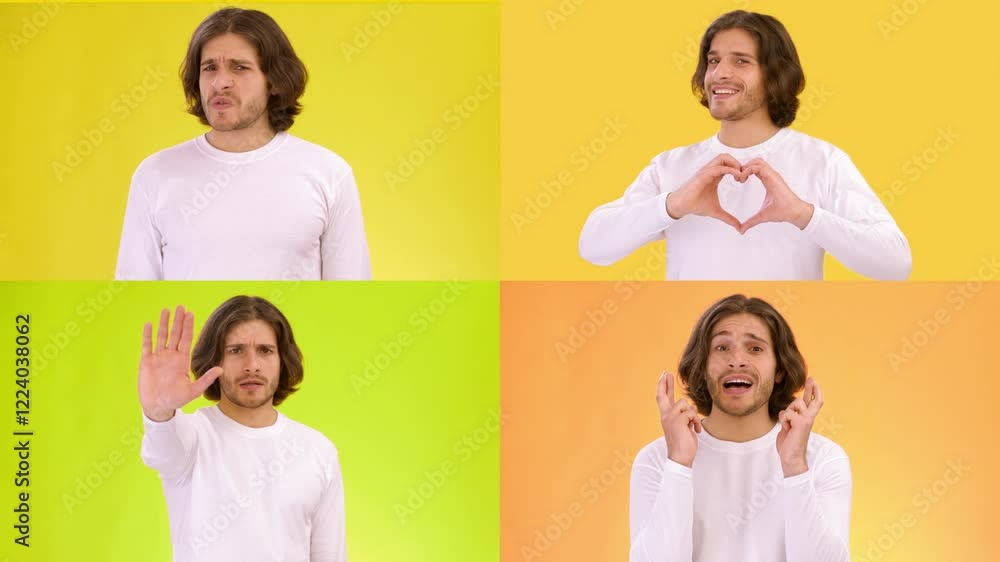 Poster A person demonstrates various gestures and emotions against bright colored backgrounds. The collection showcases different expressions, emphasizing communication and feeling in vivid colors.