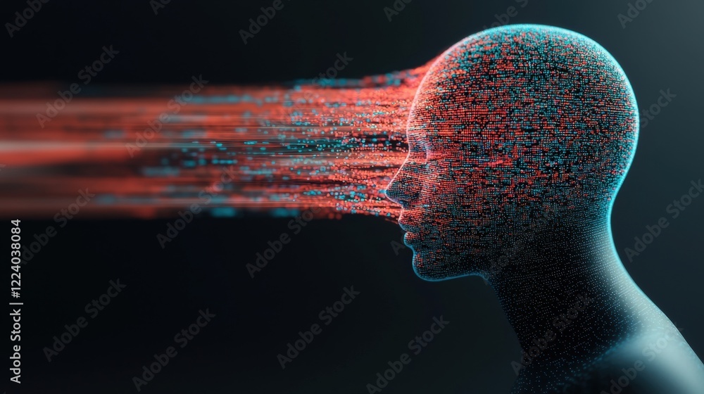 Poster abstract concept of digital human head transforming into data stream with vibrant colors and futuris