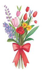 Obraz premium PNG Flower bouquet wrapped in paper with red ribbons flowers illustration arrangement.