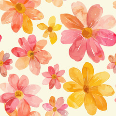 Obraz premium Cute watercolor flowers in soft pastel pink, yellow, and orange colors on a cream background watercolor floral seamless pattern. Watercolor print in rustic vintage style, textile or wallpapers.
