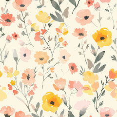 Cute r floral pattern, muted pastel peach and yellow colors, cream background. watercolor floral seamless pattern. Watercolor print in rustic vintage style, textile or wallpapers.