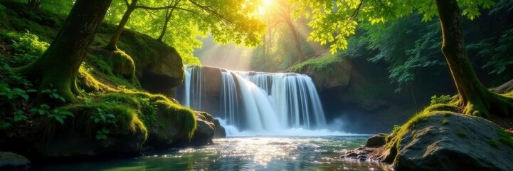 Obraz premium Soft sunlight filtering through tree leaves above a serene forest waterfall, trees, nature