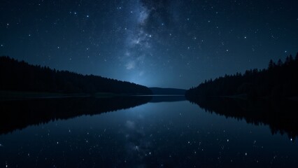 A starry sky reflected in the calm waters of a river, creating a serene, mirrored effect.