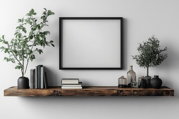 Minimalist Interior Wall Mockup Featuring Shelving, Plants, and Empty Frame in Modern Style for Home Decoration Inspiration