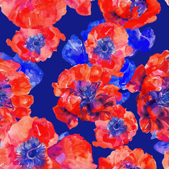 Fototapeta premium Cute Poppy flowers in red and blue, watercolor, watercolor floral seamless pattern. Watercolor print in rustic vintage style, textile or wallpapers.