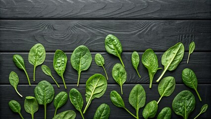 A pattern of fresh green spinach leaves on a black wooden surface